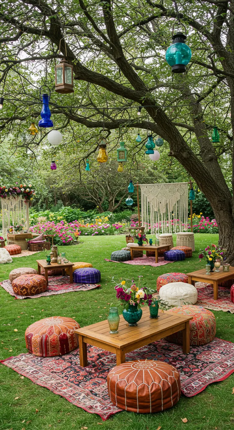 Bohemian tuinfeest met kleurrijke kleden, poefs en hangende lantaarns.