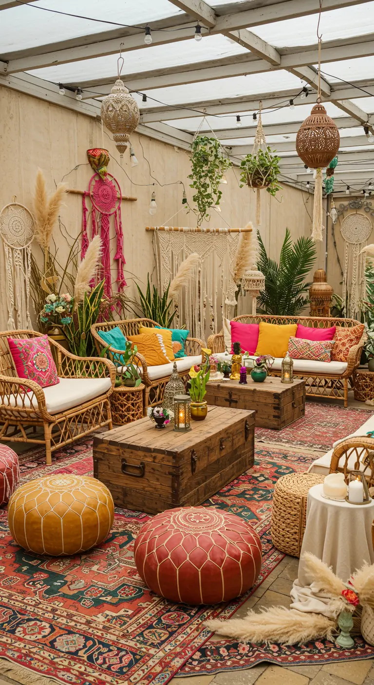 Bohemian zithoek met rotan meubels, kleurrijke tapijten, poefs, macramé en pampasgras.