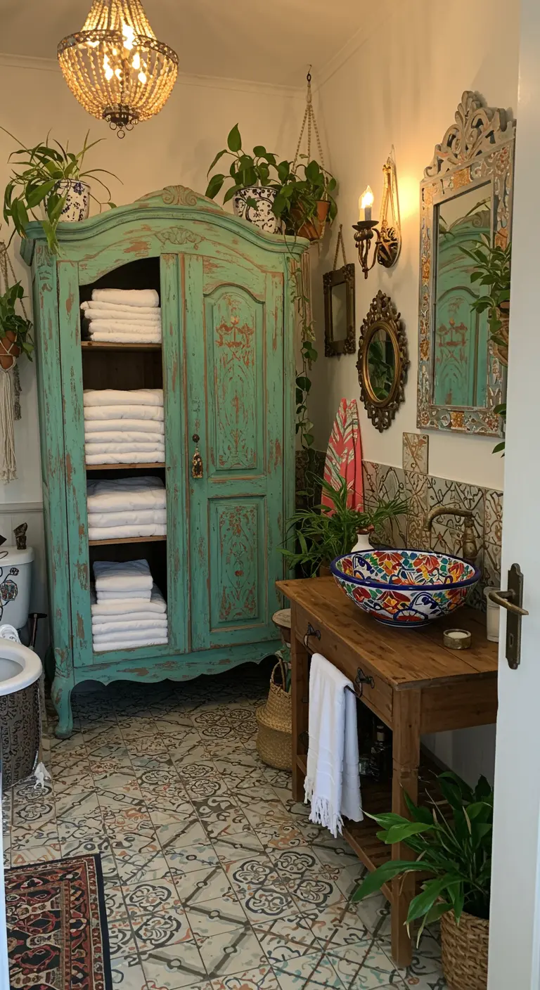 Eclectische badkamer met turquoise vintage kast, kleurrijke waskom en veel planten.