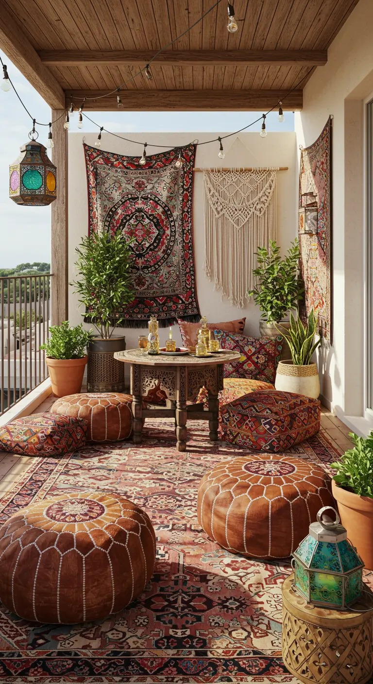 Bohemian balkon met wandkleden, Perzische tapijten, leren poefs en veel planten.