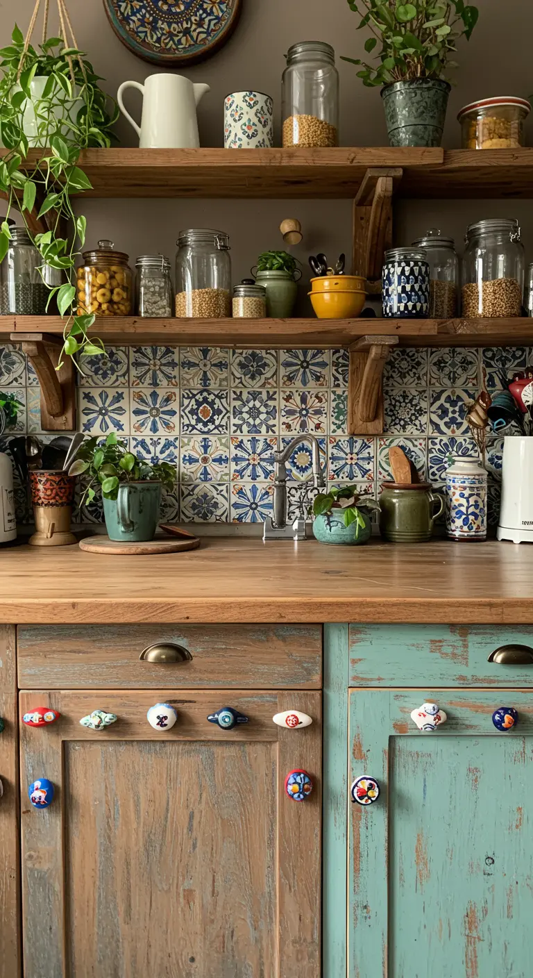 Rustieke keuken met houten en turquoise kasten en diverse keramische knoppen.