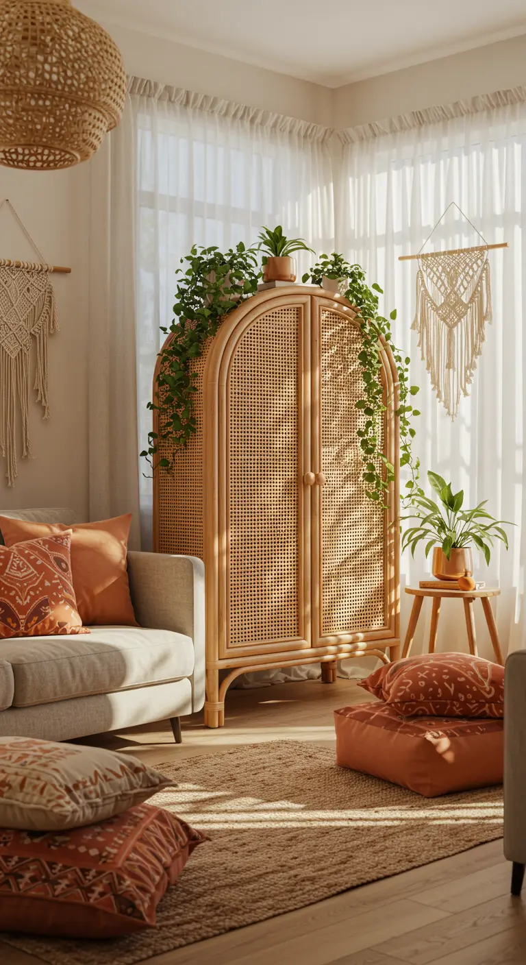 Bohemian woonkamer met een rotan kast met webbing, planten en terracotta kussens.