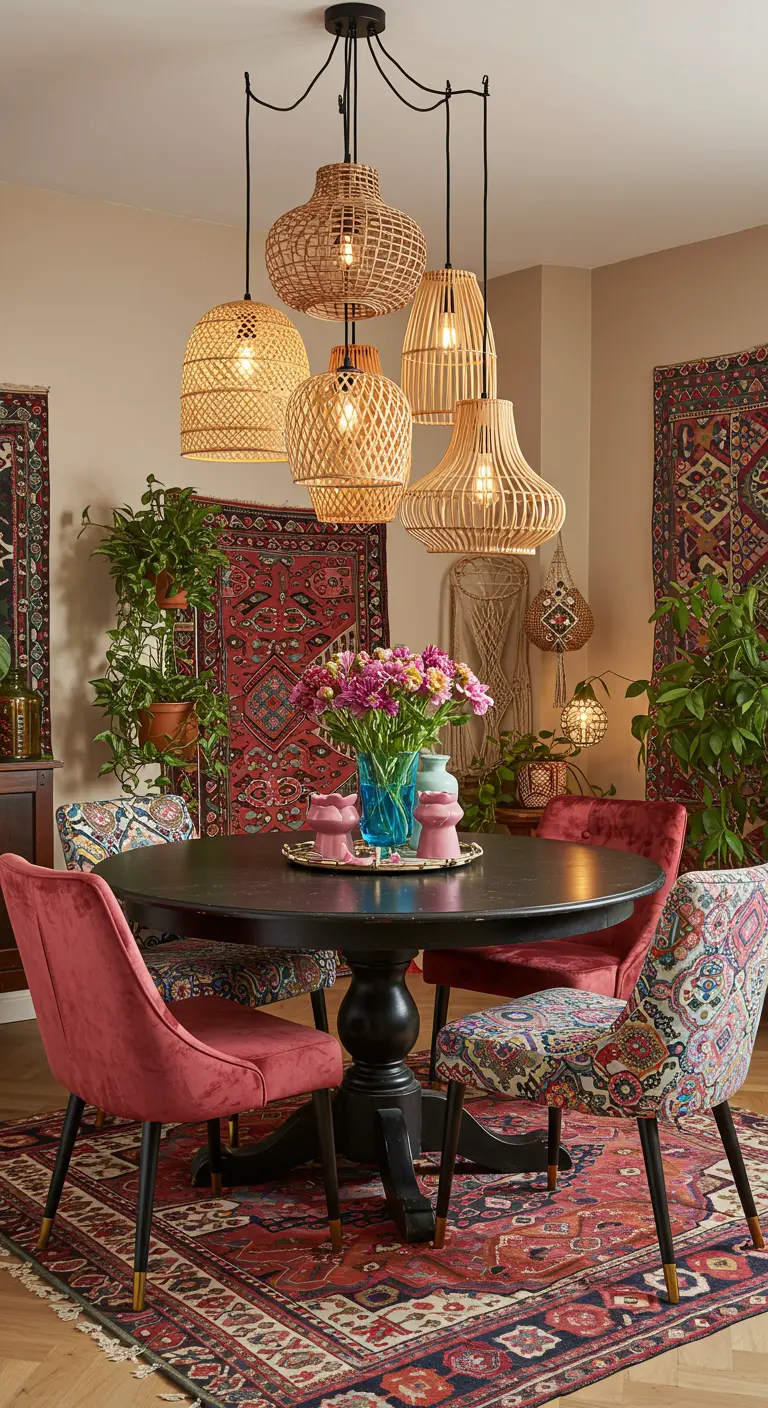Cluster van rotan hanglampen in verschillende vormen boven een ronde donkere eettafel.