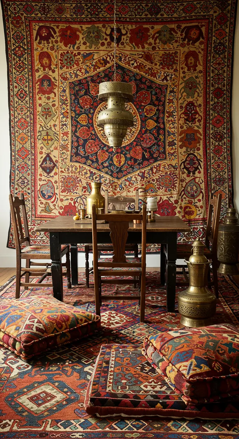Uitbundige bohemian eetruimte met groot Perzisch wandtapijt en gelaagde vloerkleden.