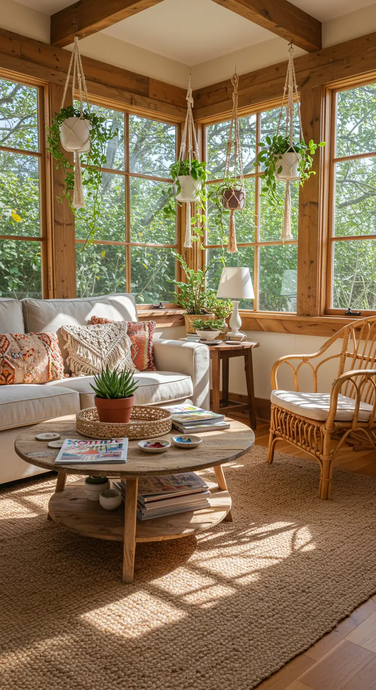 Ronde houten salontafel met planten, boeken en boho-accessoires in lichte woonkamer.