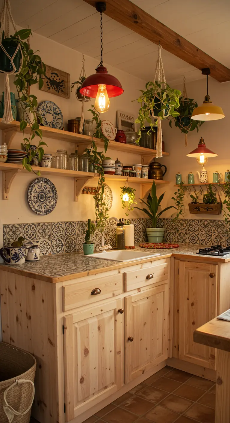 Rustieke licht houten keuken met veel planten, open planken en kleurrijke tegels.