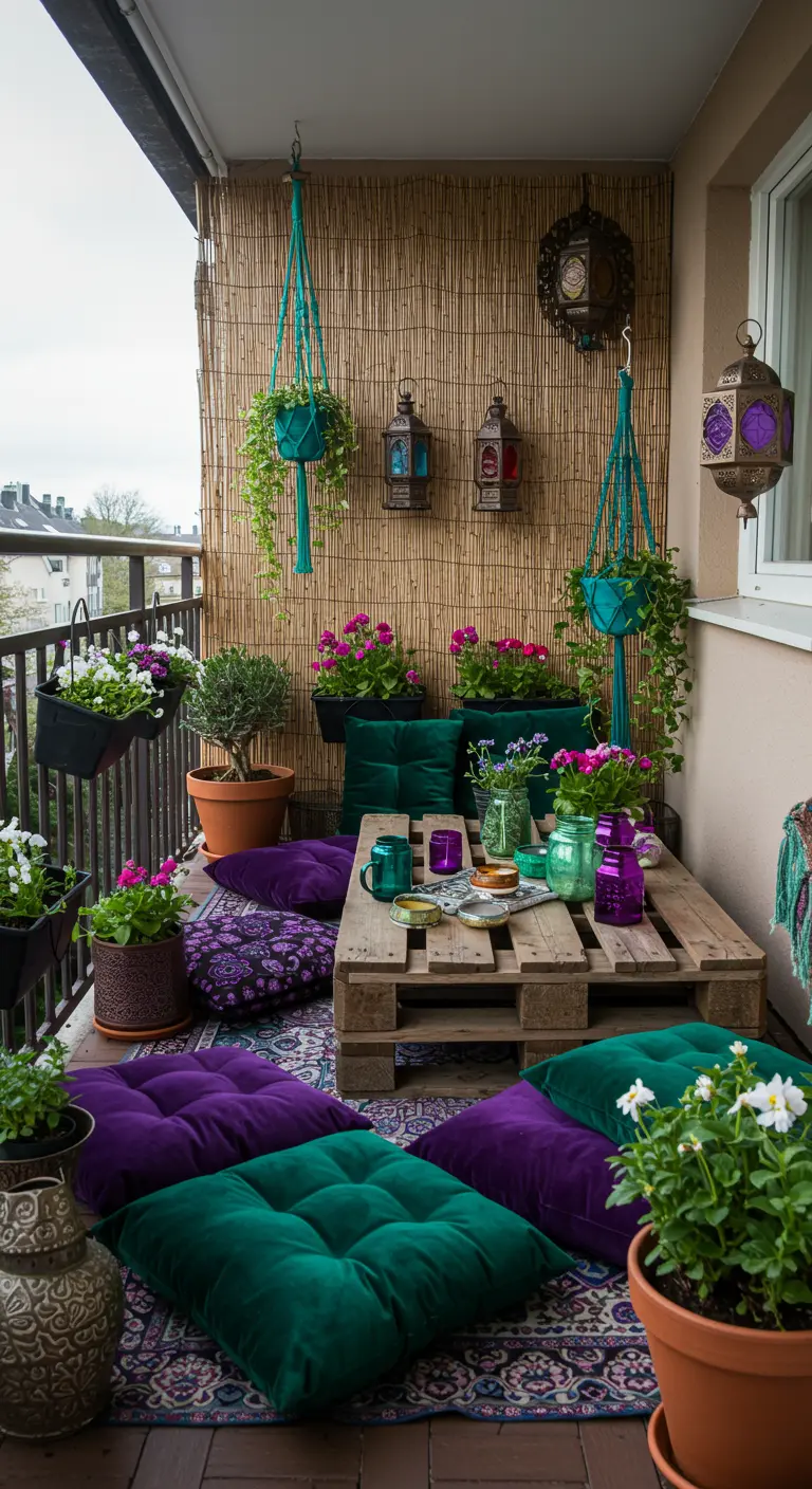 Bohemian balkon met pallettafel, smaragdgroene en paarse kussens, rieten mat en oosterse lantaarns.