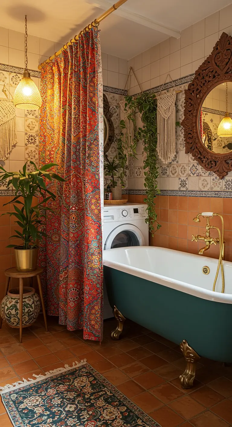 Wasmachine verborgen achter een kleurrijk paisley douchegordijn in een bohemian badkamer.