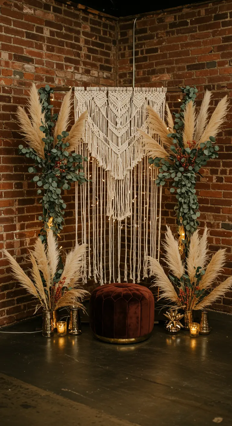 Boho fotobooth met macramé wandkleed, pampasgras, en een fluwelen poef.