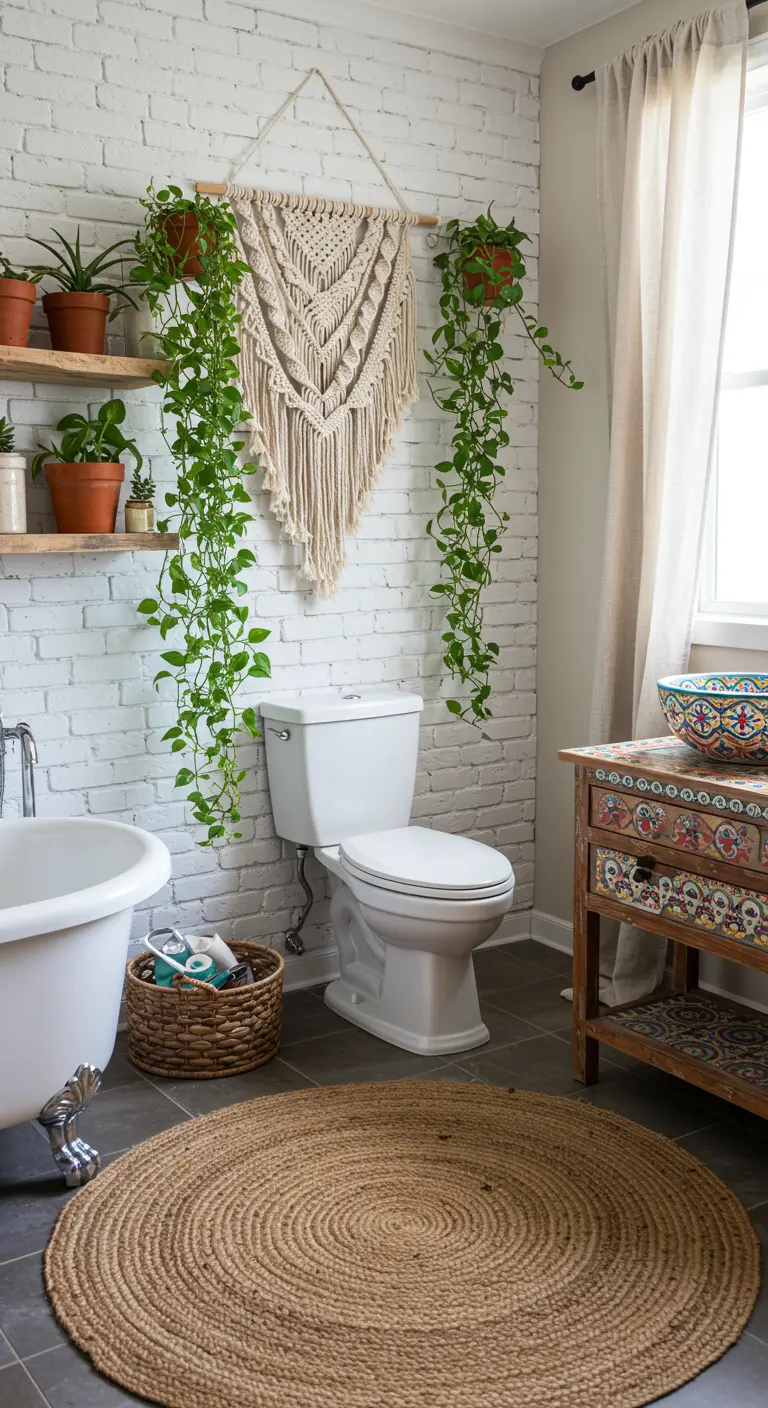 Wit toilet in boho badkamer met macramé, planten en jute vloerkleed.