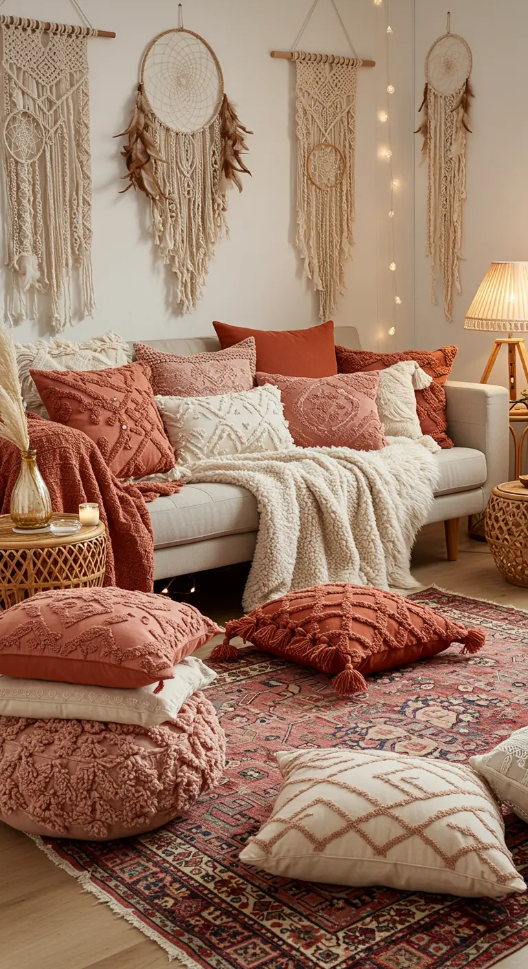 Bohemian woonkamer met veel kussens in terracotta en crème, macramé wandhangers.