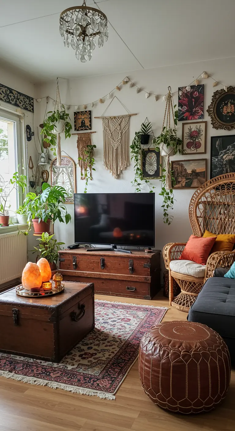 Bohemian TV-hoek met vintage kist, rotan, veel planten en textiel.