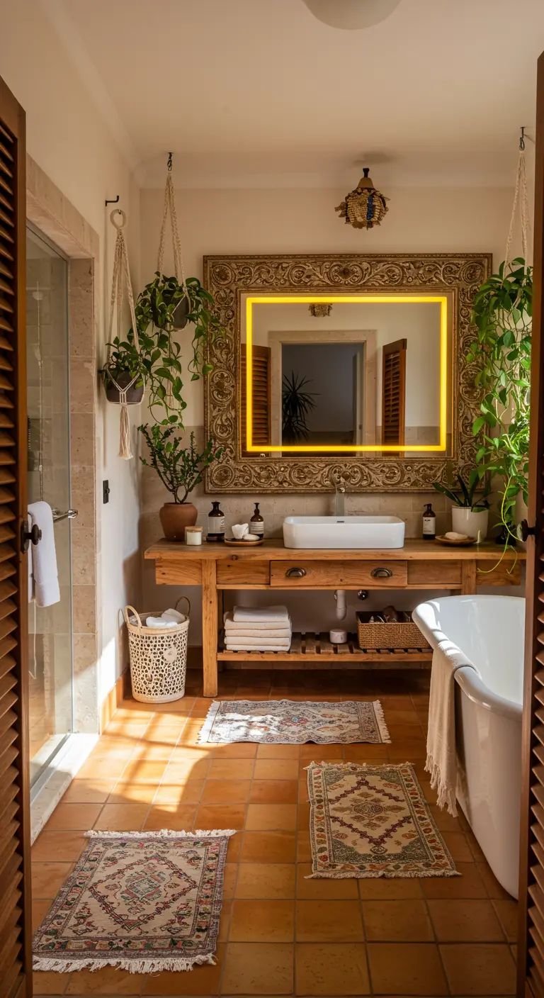 Rustieke badkamer met houten meubel, verlichte spiegel, hangplanten en kelim matjes.
