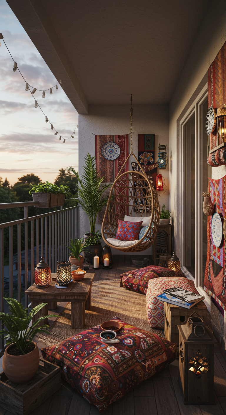 Bohemian balkon met rotan hangstoel, veel kussens met prints, wandkleden en lantaarns.