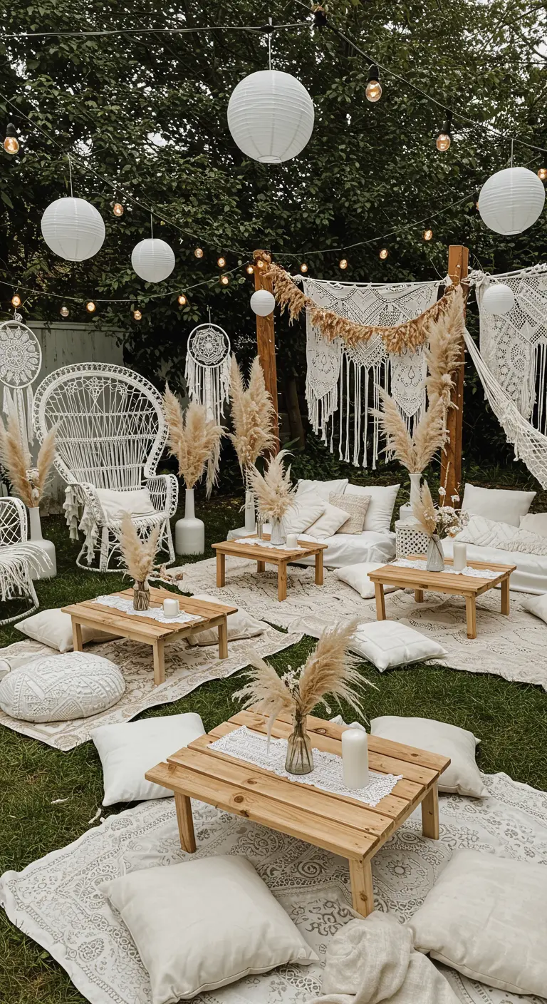 Boho tuinfeest met witte kussens, lampionnen, macramé en pampasgras.