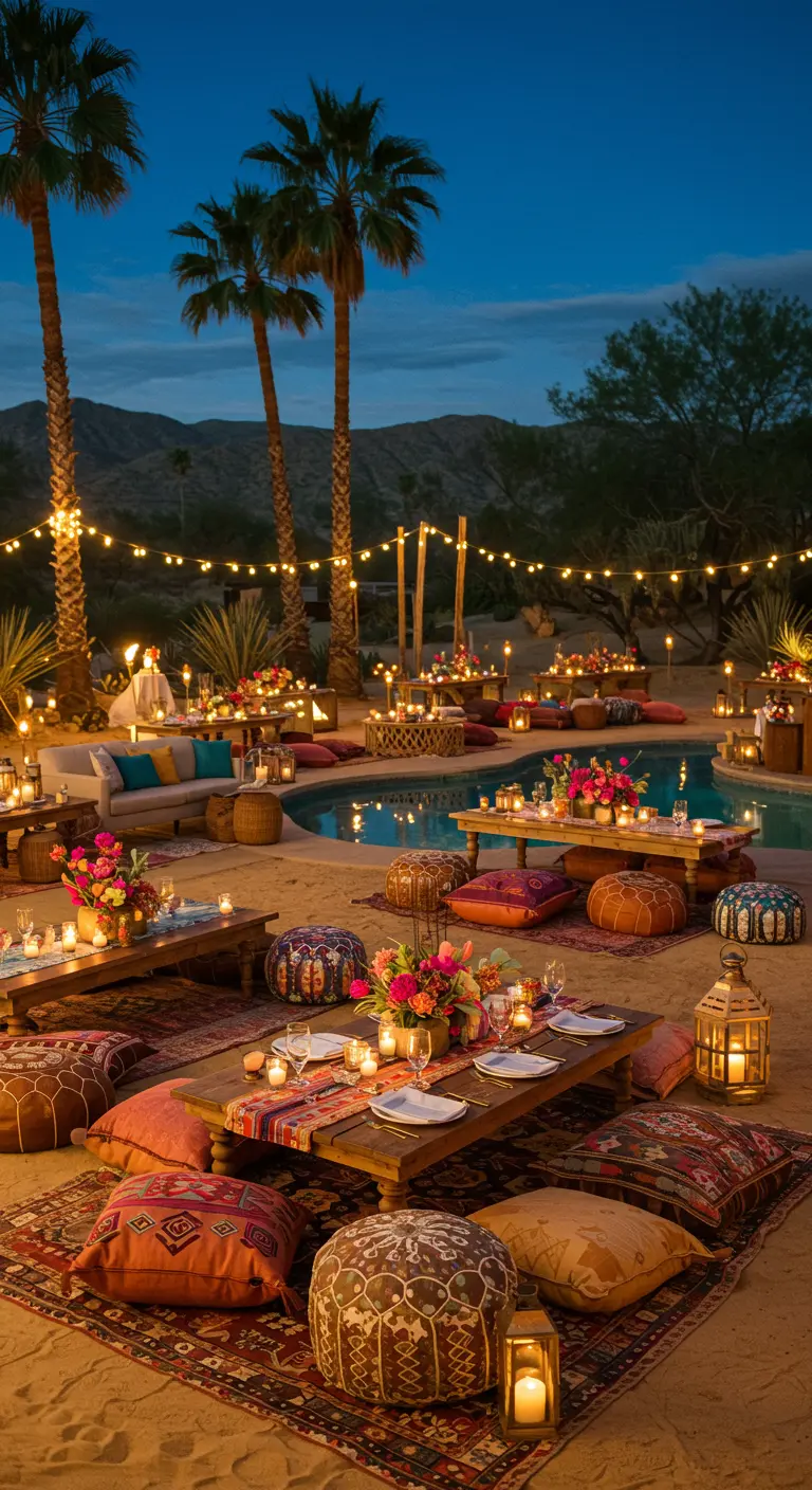 Bohemian zwembadfeest 's avonds met lage tafels, tapijten en lichtslingers.