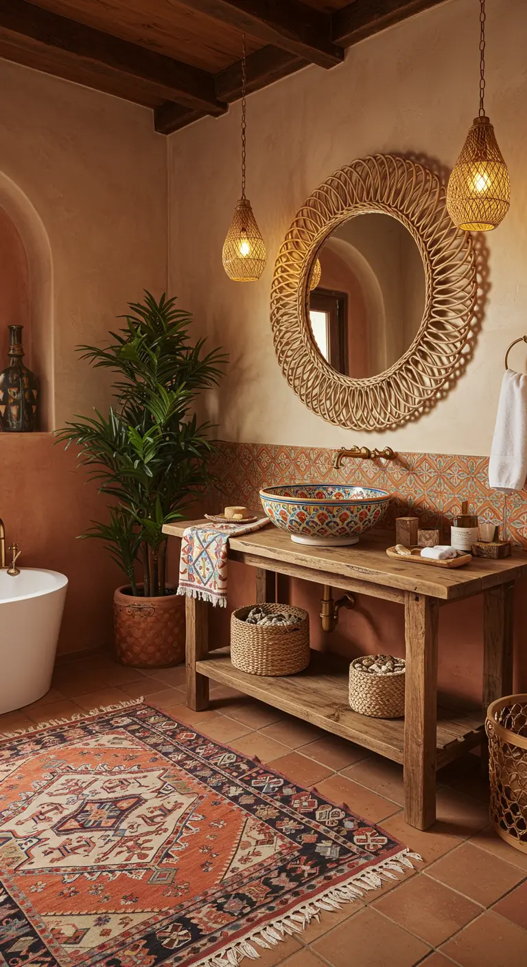 Grote ronde rotan spiegel in bohemian badkamer met terracotta muren.