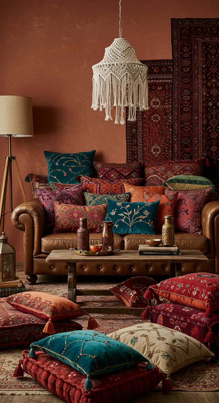 Bruine leren bank vol met rijk gedecoreerde, kleurrijke fluwelen kussens in een boho interieur.