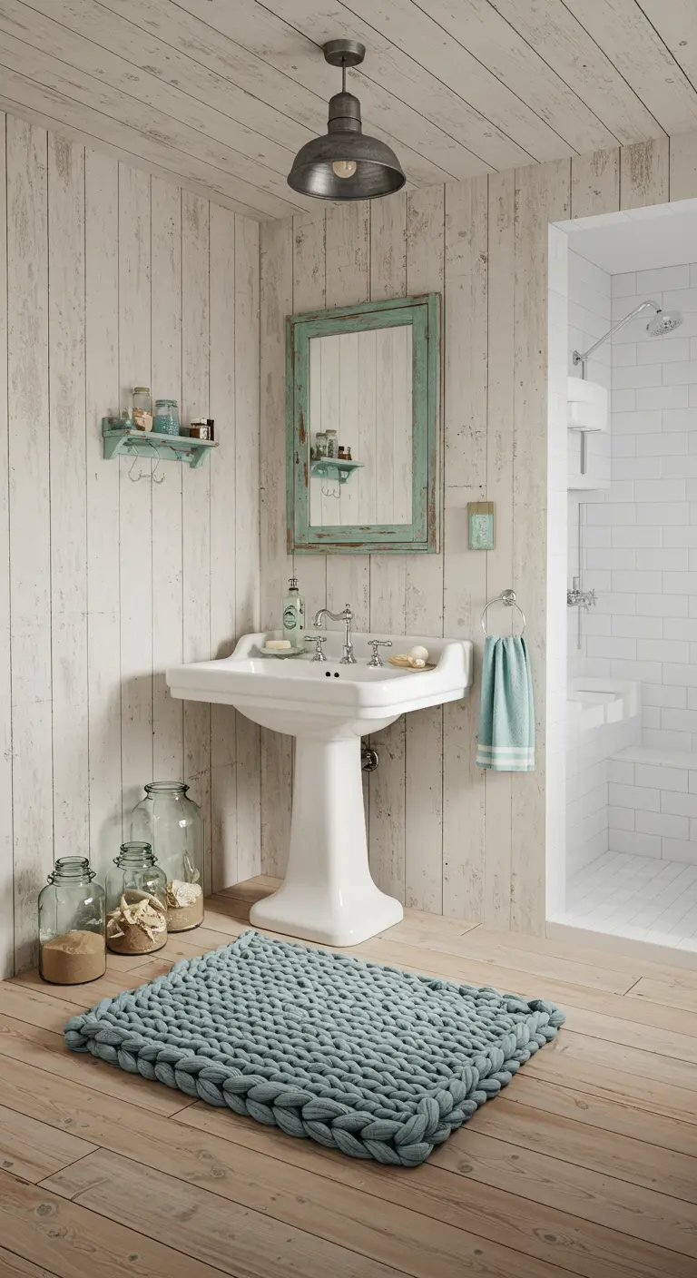 Bohemian strandbadkamer met vergrijsde houten wanden, mintblauw kleed en stranddecoratie.