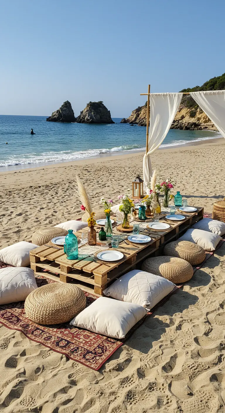 Gedekte pallettafel op strand met kussens, doek en decoraties bij zee.
