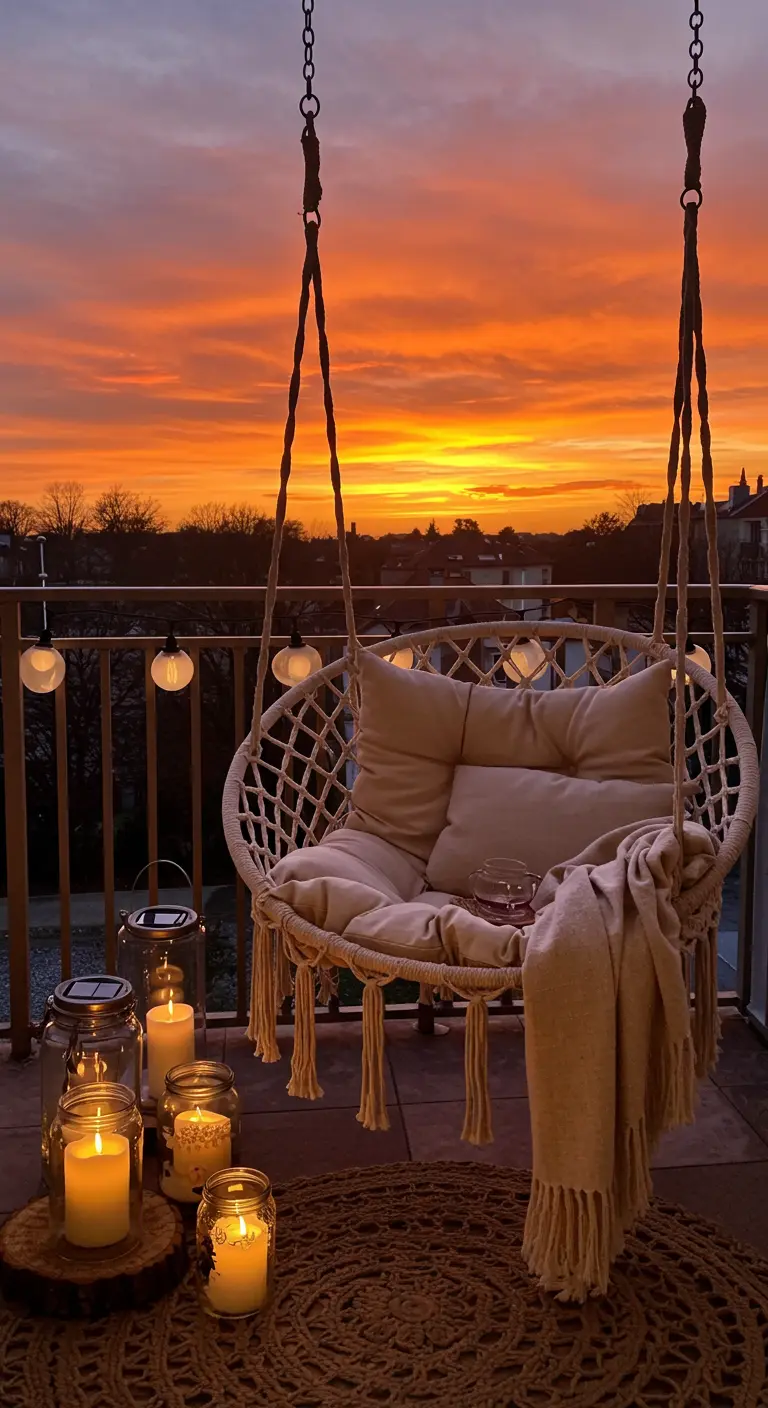 Sfeervol balkon 13 met macramé hangstoel en kaarslicht bij zonsondergang