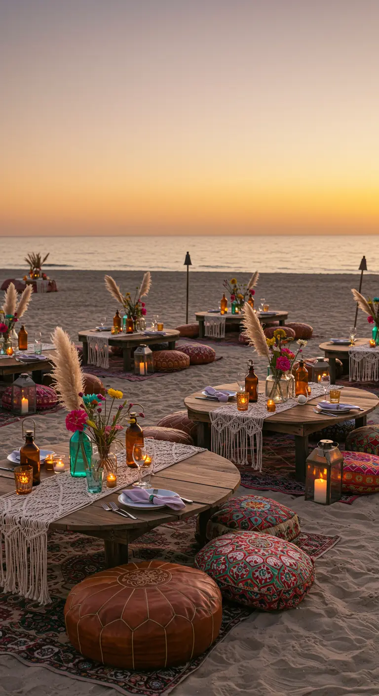 Bohemian strandsetting met lage tafels, kussens, pampasgras en kaarsen bij zonsondergang.