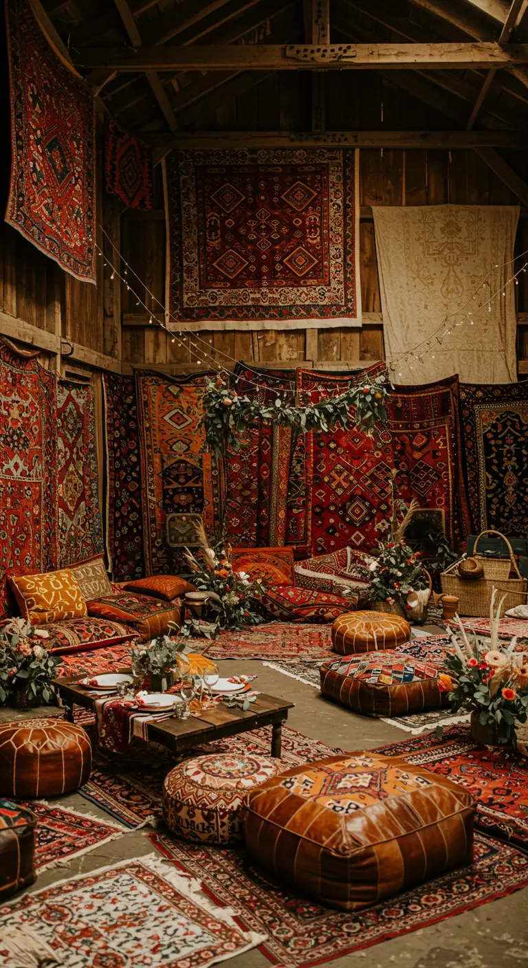 Bohemian loungehoek in een schuur met veel Oosterse tapijten, kussens en lage tafels
