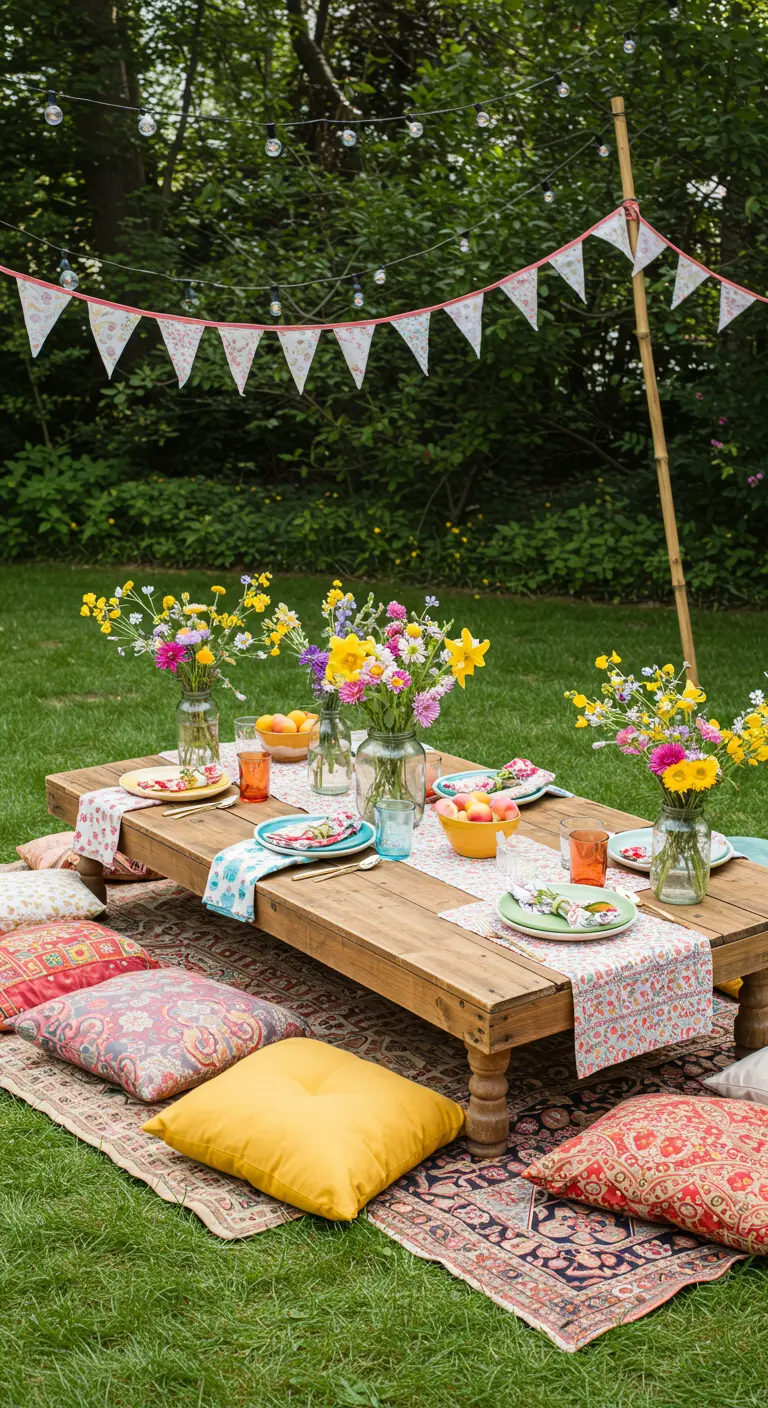 Laag gedekte picknicktafel in tuin met kussens, bloemen en vlaggenlijn.