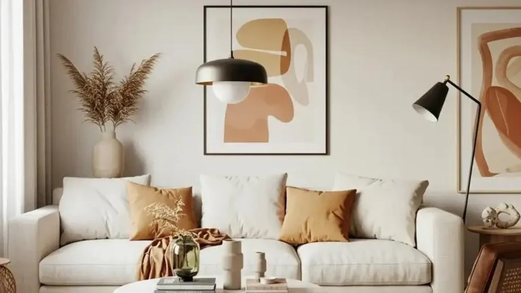 Boho woonkamer met witte bank, kussens, kunst aan de muur en pampasgras in een vaas voor bohemian vibes inspiratie.