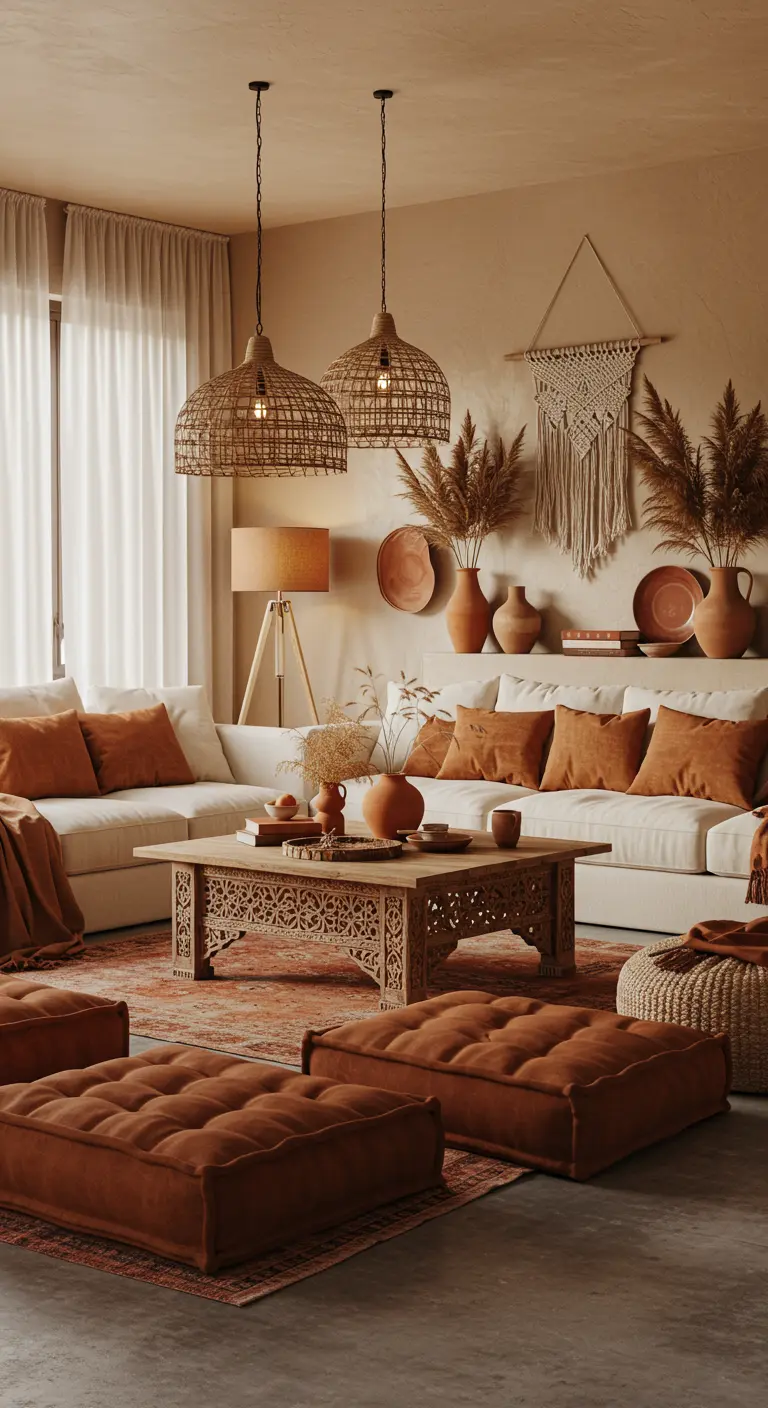 Bohemian woonkamer in terracottakleuren met geweven lampen, vloerkussens en een houten salontafel.