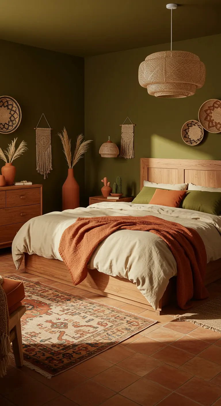 Bohemian slaapkamer, olijfgroene muren, houten bed, terracotta accenten, rotan lamp.
