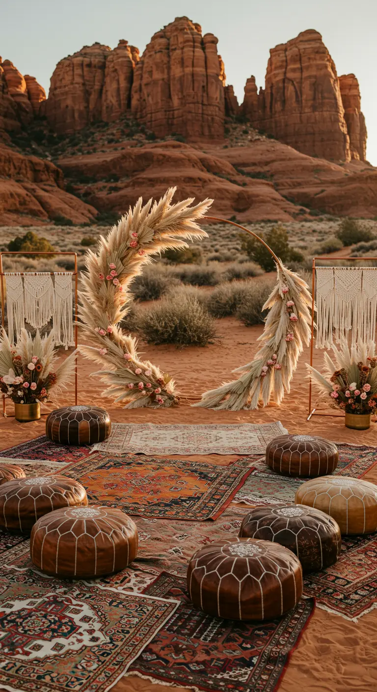 Boho ceremonieopstelling in woestijn met ronde pampasgras backdrop, tapijten en poefjes.