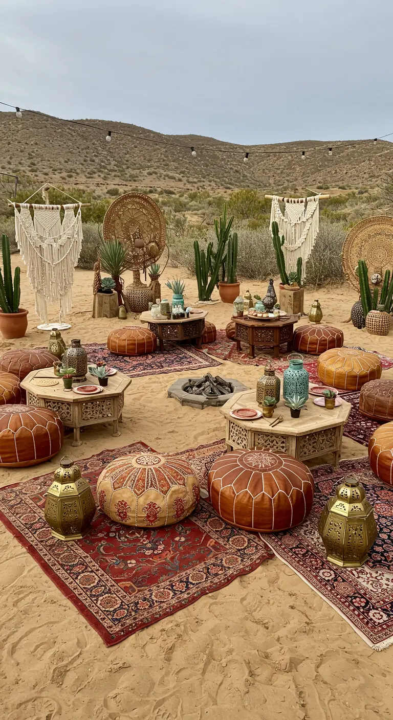 Boho-stijl picknick in woestijn met poefs, lage tafels en macramé.