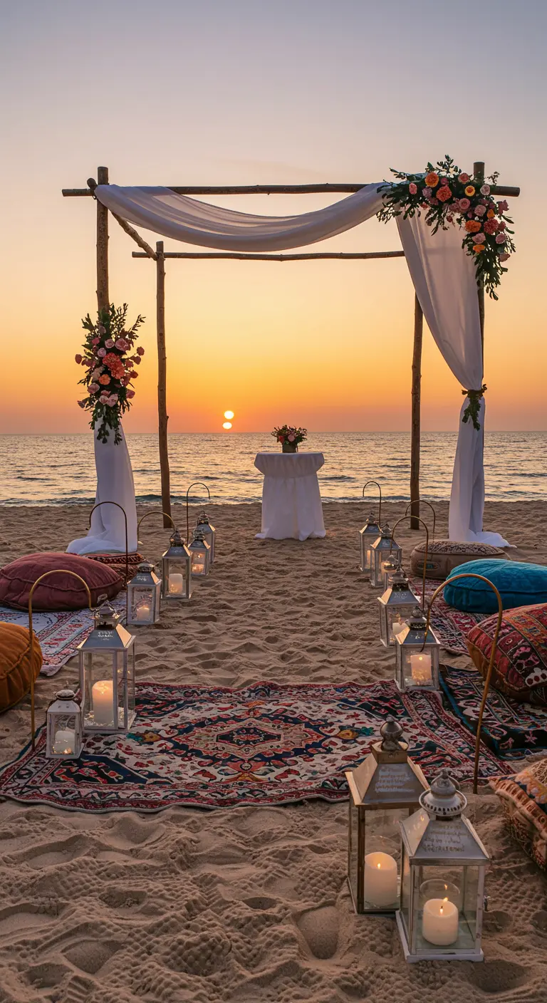 Bohemian strandceremonie bij zonsondergang met tapijten, lantaarns en bloemenboog.