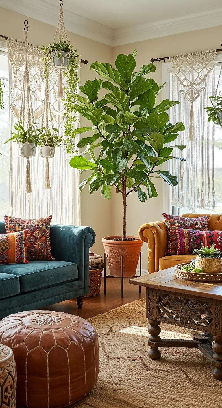 Bohemian woonkamerhoek met veel planten, macramé hangers, kleurrijke kussens en leren poef.