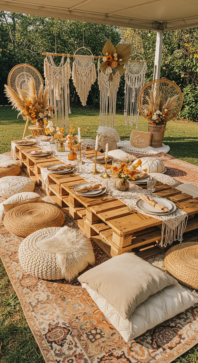 Boho kinderverjaardag picknick met pallettafels en macramé.