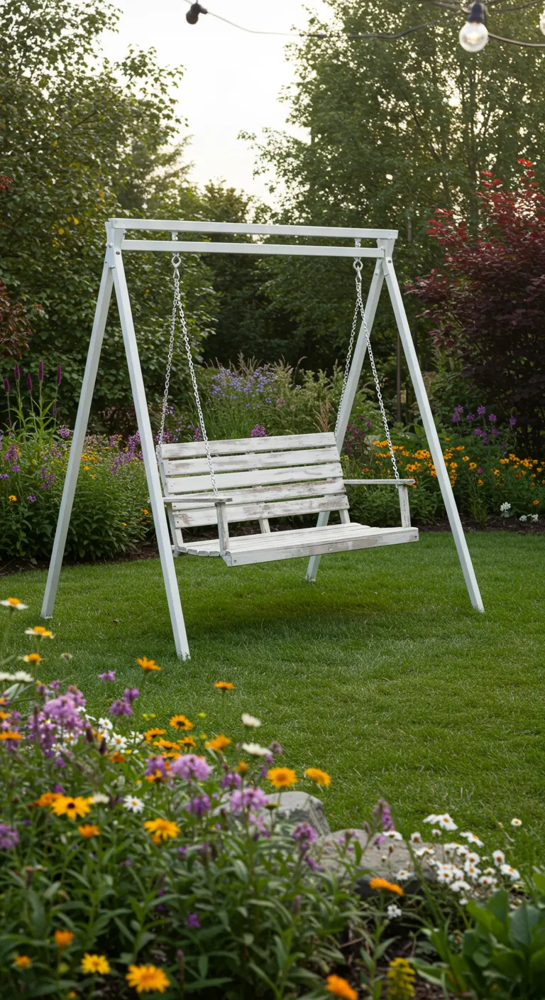 Wit metalen schommelframe met een wit verweerde houten bank in een kleurrijke bloementuin.