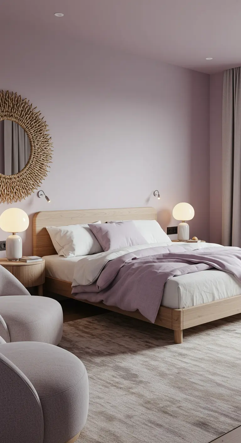 Slaapkamer met houten bed, rieten spiegel, moderne lampen en pastelpaars beddengoed.