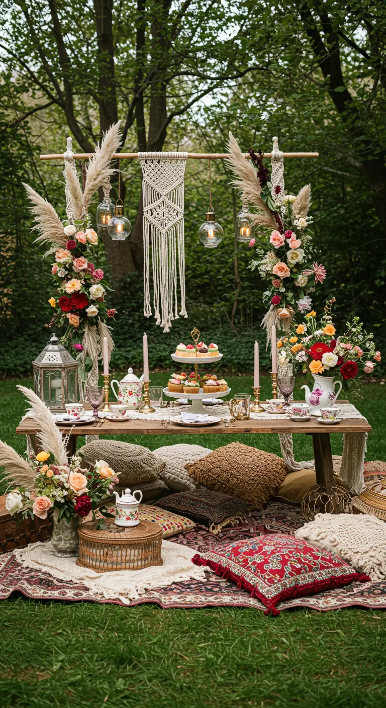 Bohemian high tea picknick met kussens, macramé, pampasgras en bloemen.