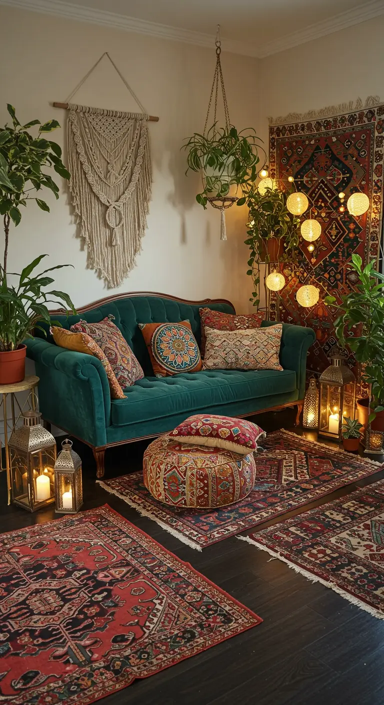 Bohemian woonkamerhoek met groene fluwelen bank, kleurrijke kussens, Perzische tapijten en lantaarns.