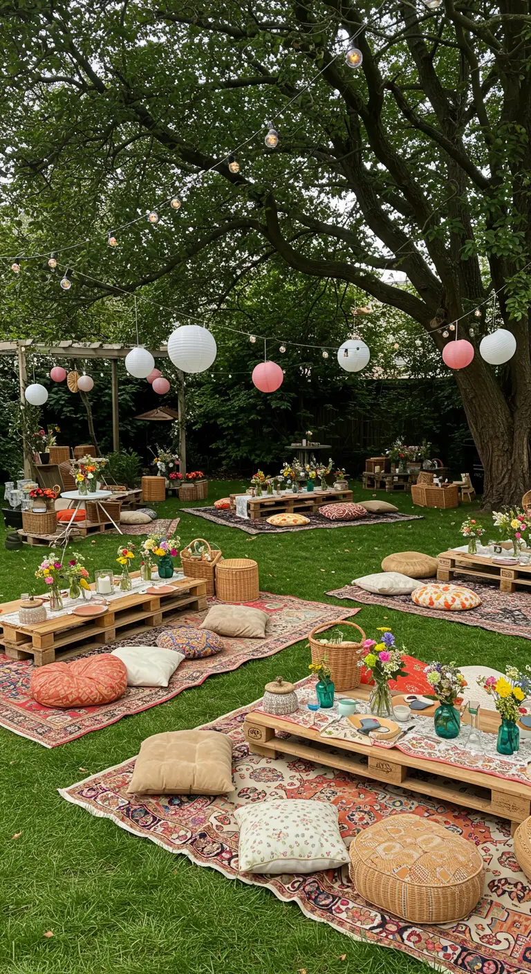 Buitenbruiloft met lage pallettetafels, kleden, kussens en kleurrijke bloemen op het gras.