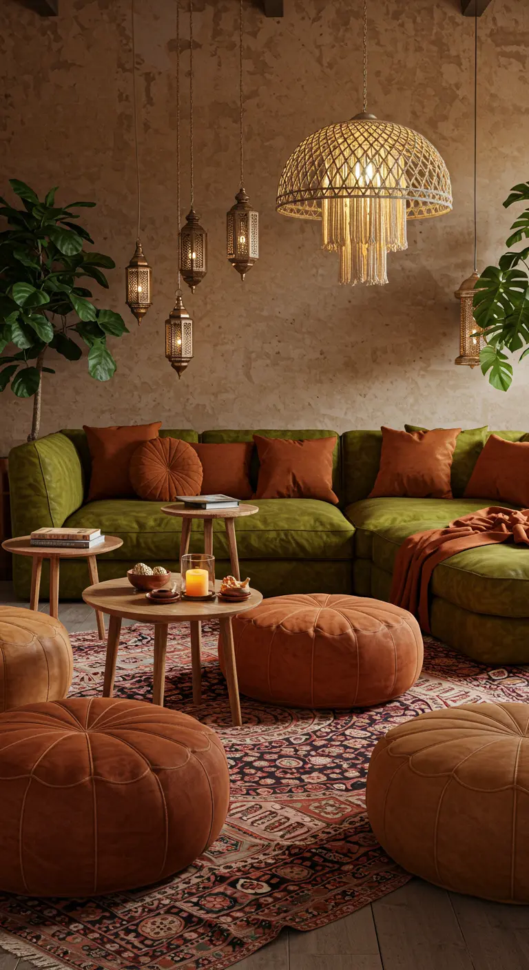 Rijkgekleurde woonkamer met groene bank, terracotta poefs en Marokkaanse lantaarns.