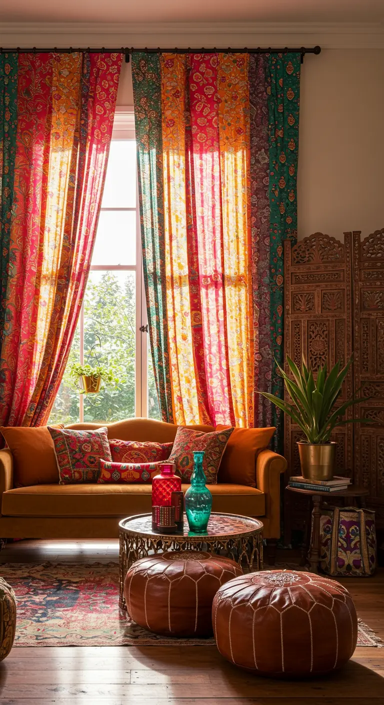 Felgekleurde, bonte gordijnen met patronen in een bohemian interieur.