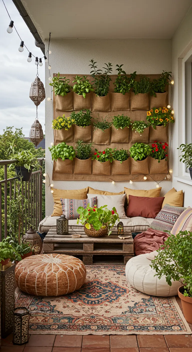 Balkon met jute zakken als verticale kruidentuin, palletbank en boho decoratie.