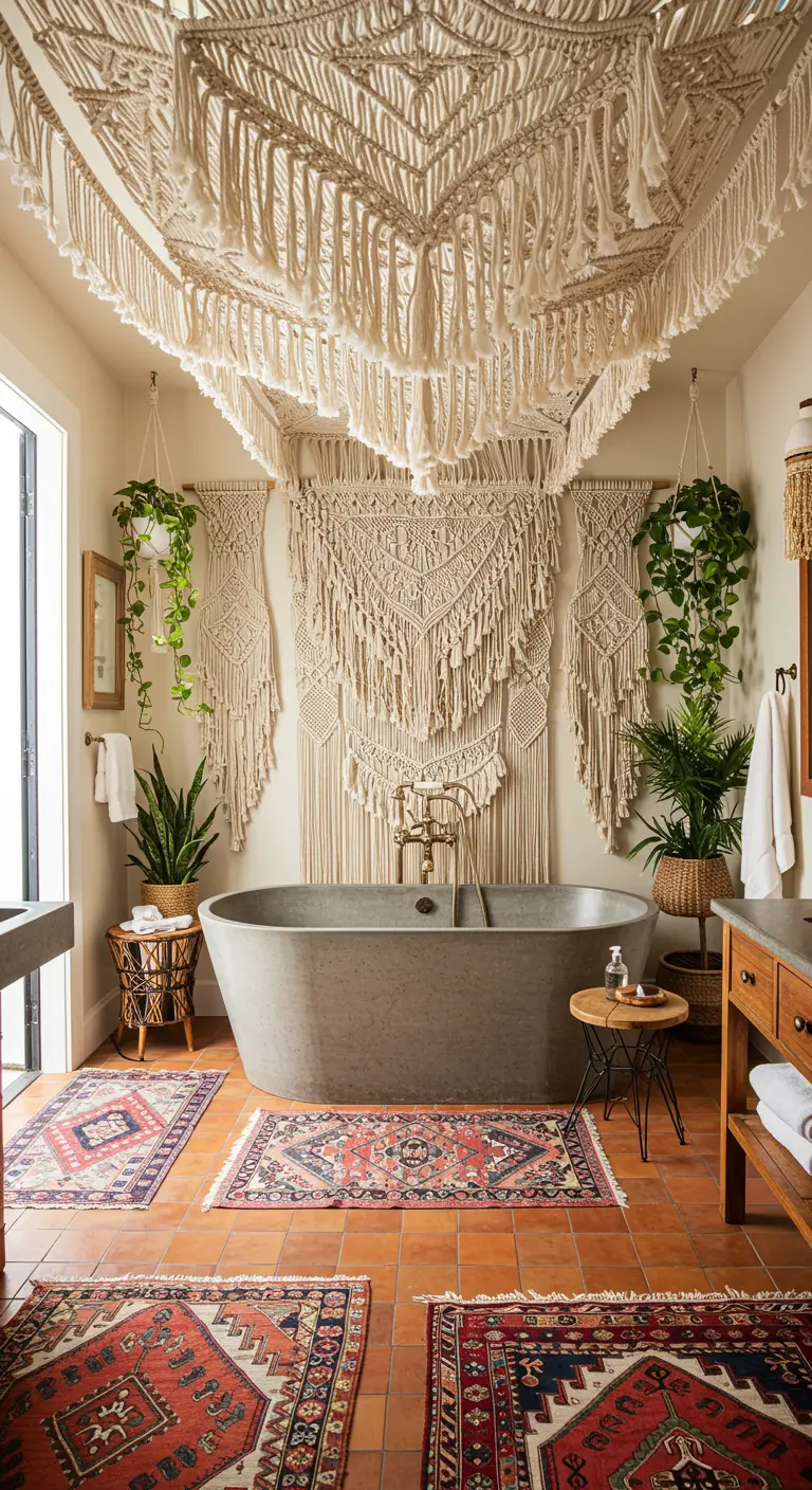 Badkamer met badkuip en groot macramé kunstwerk aan het plafond.
