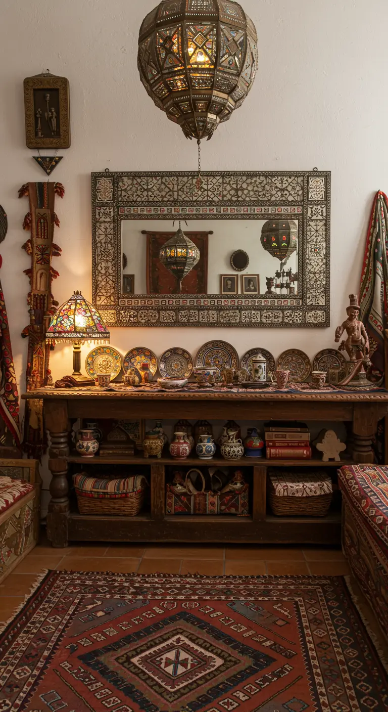 Grote, rechthoekige spiegel met een brede, gedetailleerde mozaïeklijst boven een houten dressoir in boho stijl.