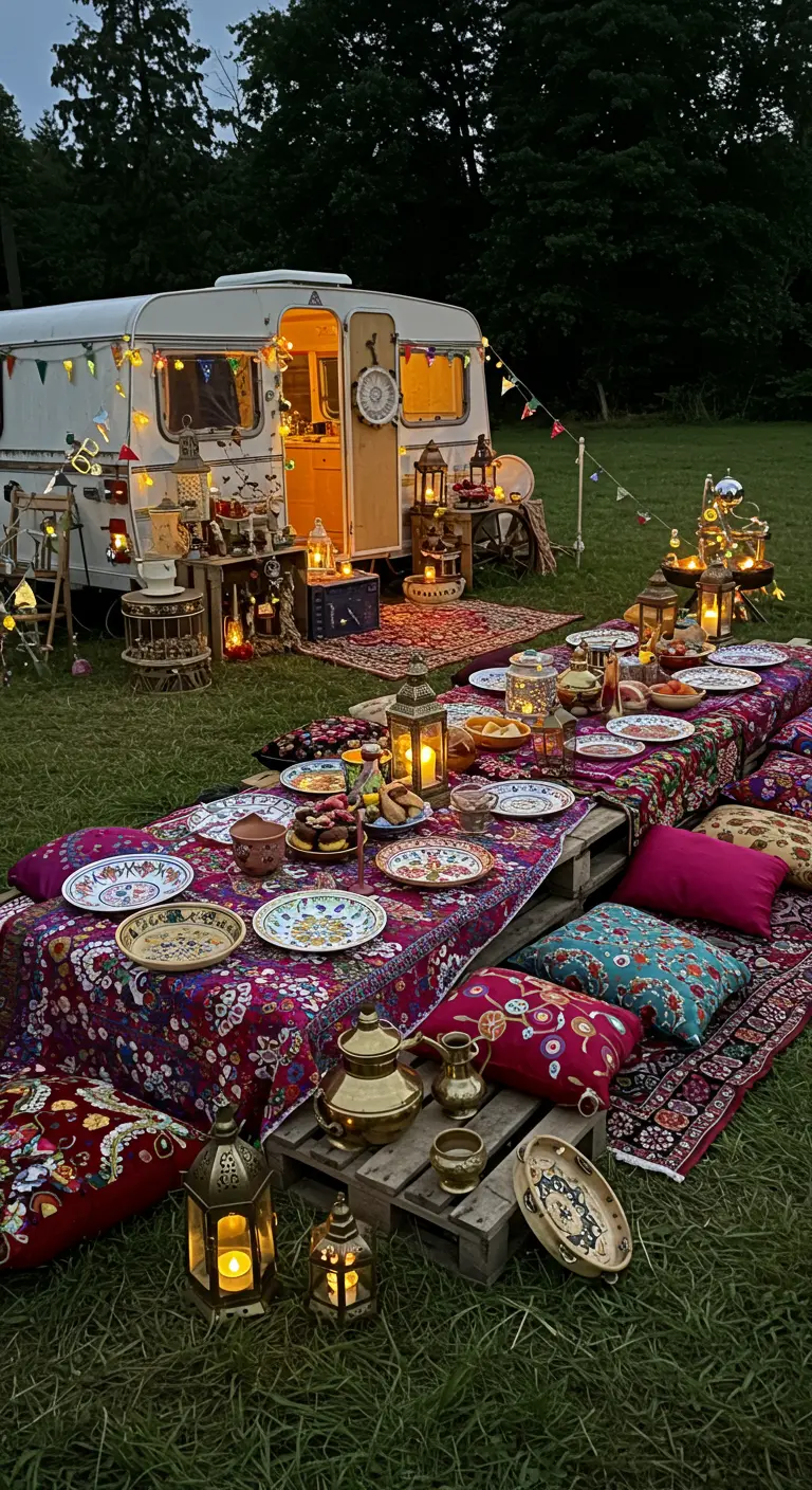 Buiten dineren bij vintage caravan met kleurrijke tapijten, lantaarns en vintage borden.