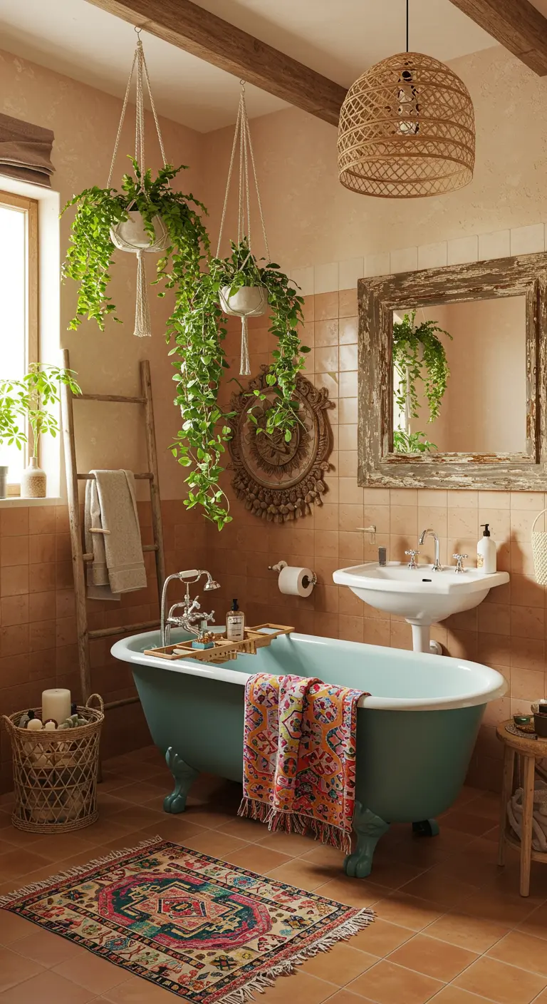 Bohemien badkamer met hangplanten, vrijstaand bad en kleurrijk tapijt.