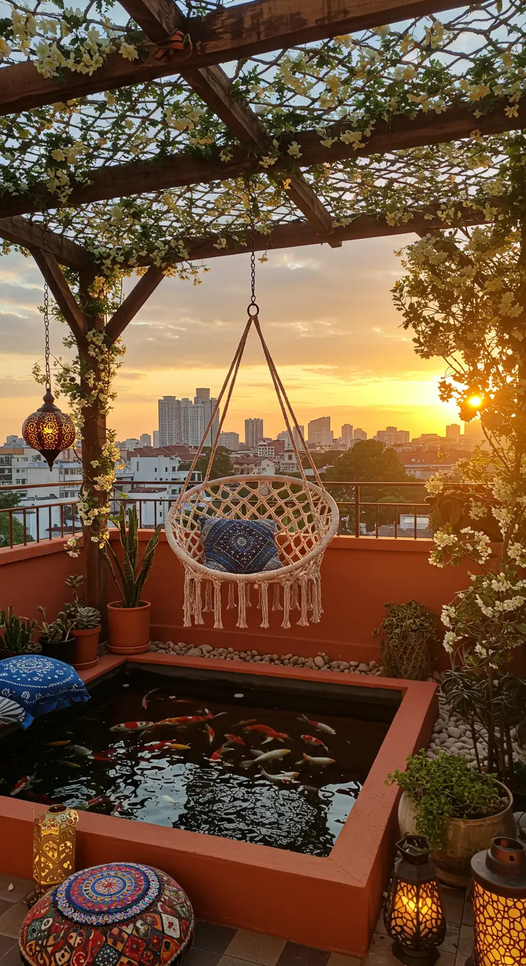 Macrame hangstoel boven een koivijver op een dakterras met stadsgezicht en Marokkaanse lantaarns bij zonsondergang.