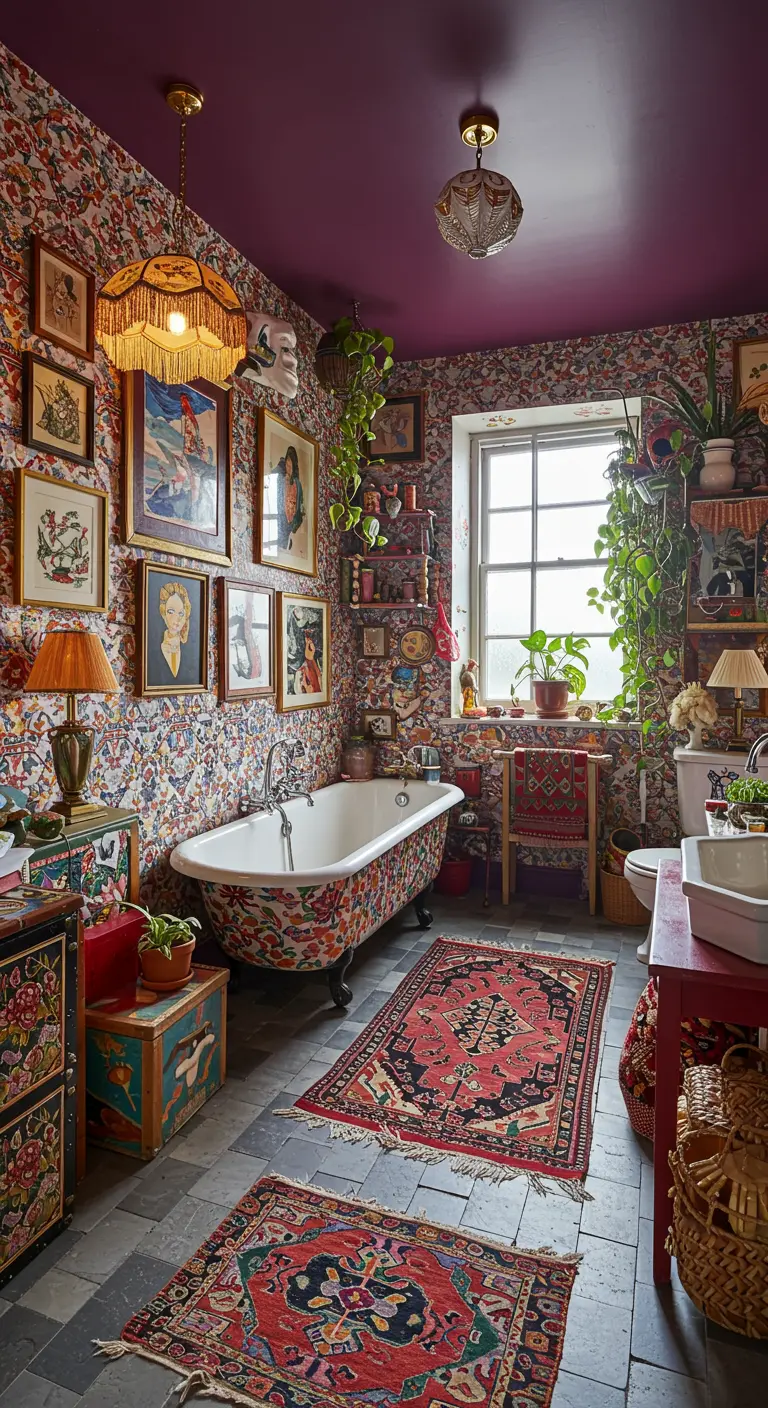 Bohemien badkamer met dieppaars plafond, veel patronen en planten.